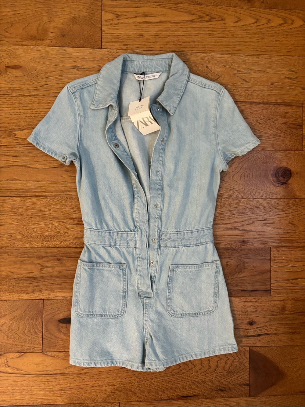 ZARA Light Blue Denim Short-Sleeve One-Piece Romper